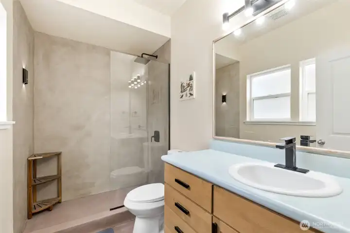 Stylish renovated en-suite bathroom with modern finishes and walk-in shower.