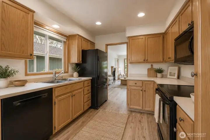 Virtually staged* Kitchen looking through to the living room and back yard.