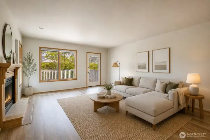 Virtually staged* Living room looking out to the back deck.