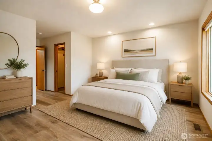 Virtually Staged* Primary Bedroom. open door on the right is the walk-in closet and primary bathroom hidden to the left.