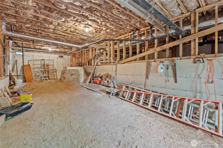 This is a fully walk in crawlspace.  So much storage.  Finish this off for a workshop.