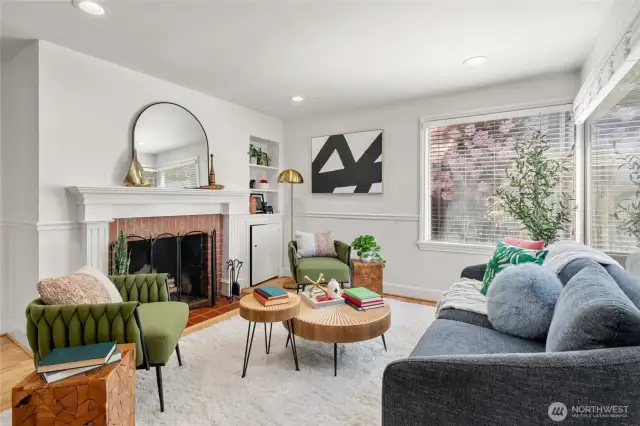 Living room with wood burning fire place