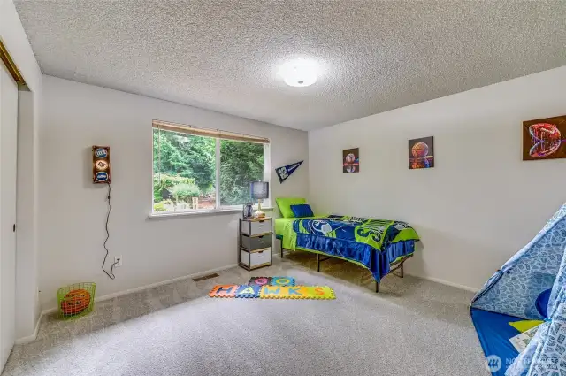 Continuing down the hallway, again on the back side of the house, we come to the second bedroom. New paint and carpet in here too! Very large closet and a nook, where the play tent is at, make this the room everyone calls "dibs" on.