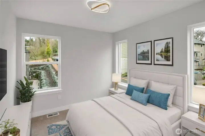 Bright bedrooms upstairs - tall windows! (virtually staged)