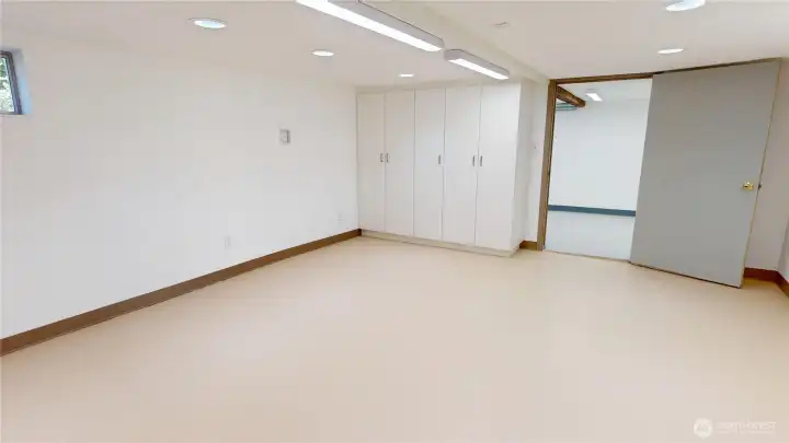 Large downstairs recreation room with loads of storage and natural light.  this photo is looking towards finished garage with additional storage cabinets.