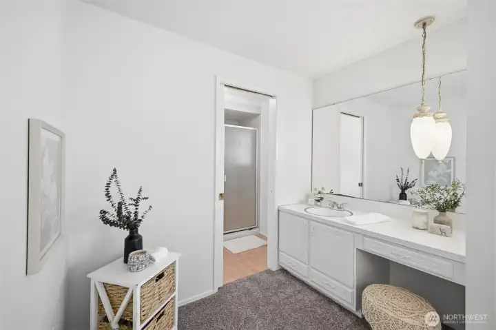 The spacious main bedroom features a private bathroom with a walk-in shower and a vanity, offering both comfort and convenience in one inviting space.