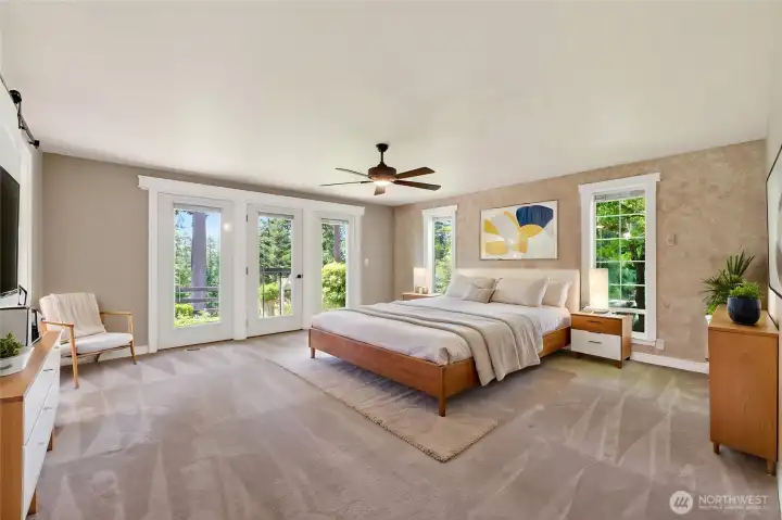 Virtually staged to inspire, the primary suite is a true retreat featuring serene garden views, private outdoor access, a spacious walk-in closet, and a well-appointed ensuite bath.