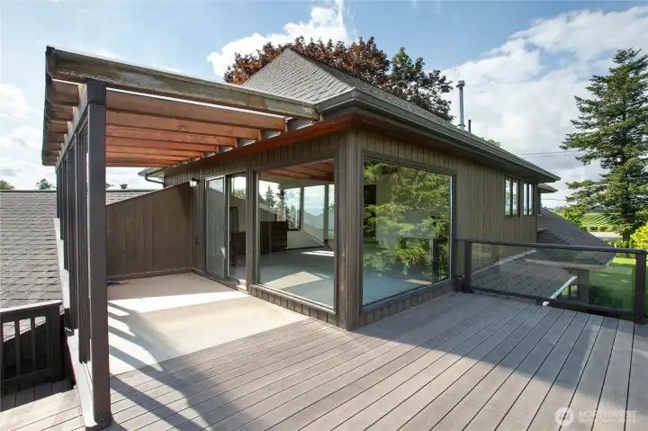 Expansive deck off upper level great room with unobstructed view of Mt Baker
