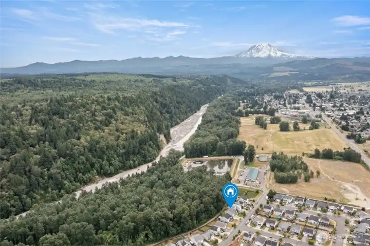 Nestled in Orting next to the Carbon River & views of MT Rainier when heading into Orting.