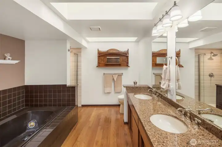 Primary Ensuite with skylights, dual sinks, and new glass walk-in shower Primary Ensuite with skylights, dual sinks, and new glass walk-in shower
