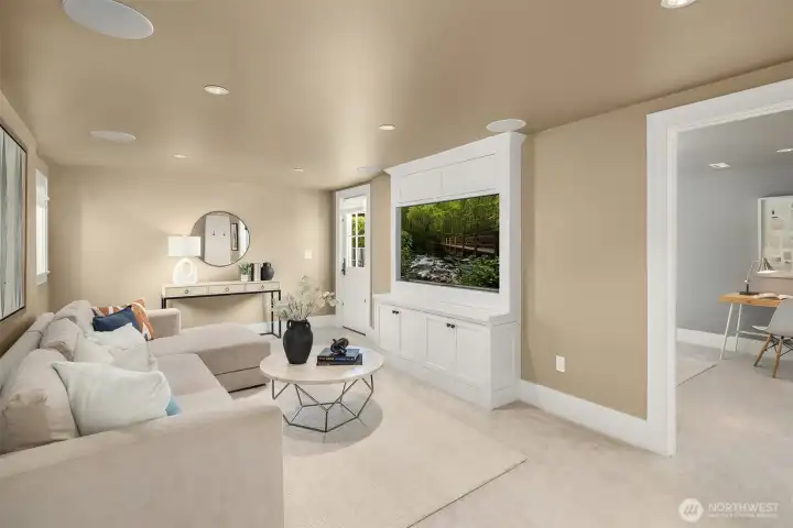 Daylight lower level rec room with door to the pool deck and yard Daylight lower level rec room with door to the pool deck and yard