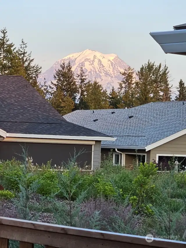 This dazzling shot of Mt Rainier was taken by the owner from the patio. There are Mt Rainier views from kitchen, dining, & living room, as well as the primary bedroom.