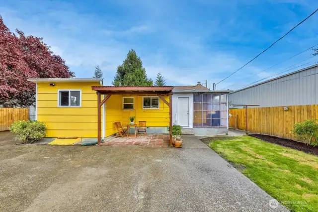 Back patio with ample parking