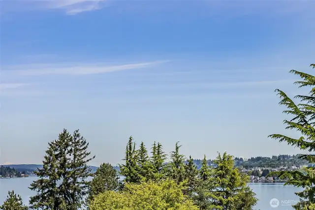 Views of Lake Washington and Cascade Mountains. I-405 glittering lights serene in the distance...