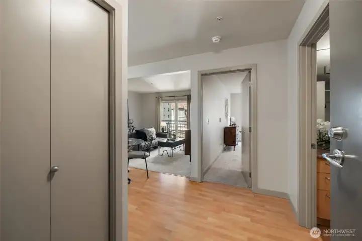 Coat closet, fresh paint, & new carpet!