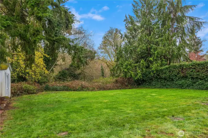 The spacious backyard boasts plenty of flat lawn as well as a garden shed.