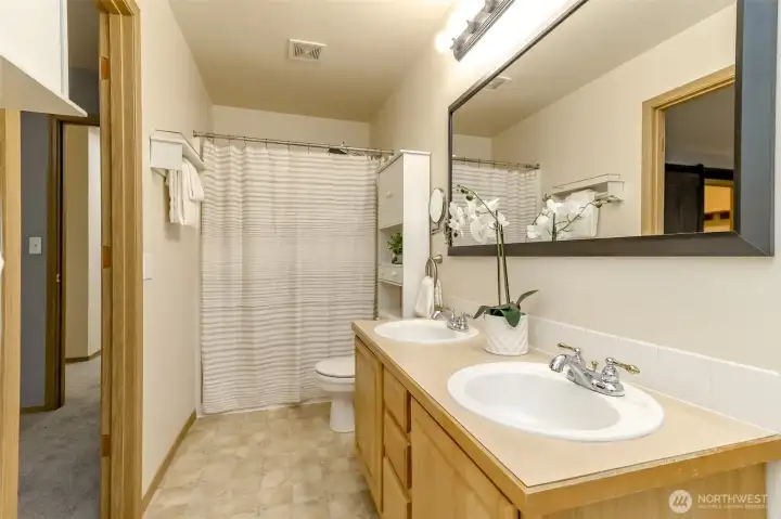 Primary bathroom with shower on the opposite end from the soaking the tub.