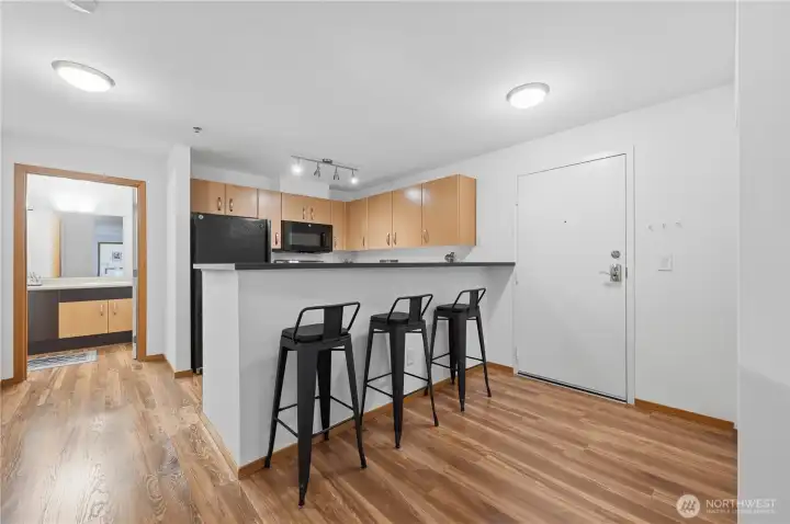 Wow-what a great space! Entry to the right, kitchen with roomy breakfast bar. Double entry closet just out of sight. Wow-what a great space! Entry to the right, kitchen with roomy breakfast bar. Double entry closet just out of sight.