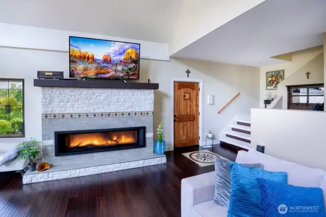 Gas fireplace adds warmth and elegance, creating a marvelous focal point that enhances the entire space.