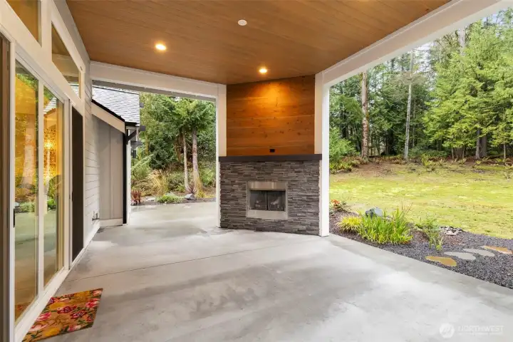 Covered patio off living room with fireplace.