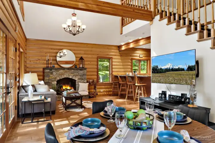 Open layout that is perfect for this yellow cedar log home