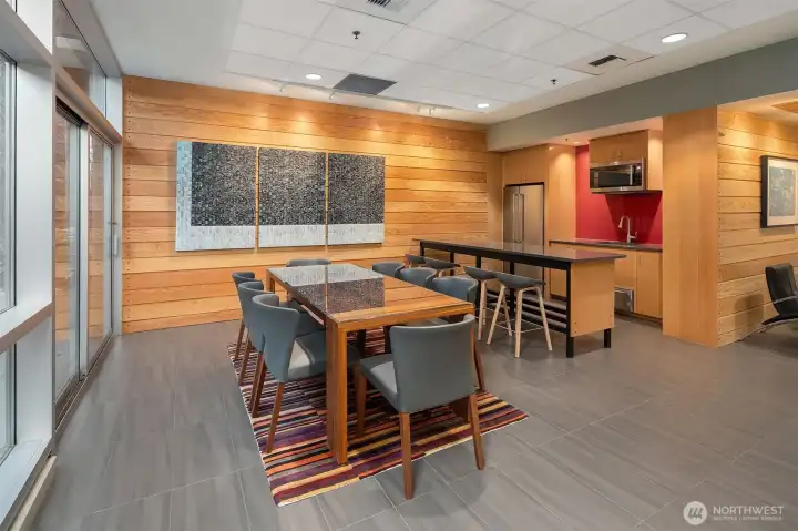 Community room dining and kitchen area
