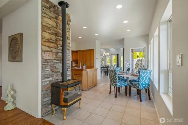 Cozy gas stove off of living area
