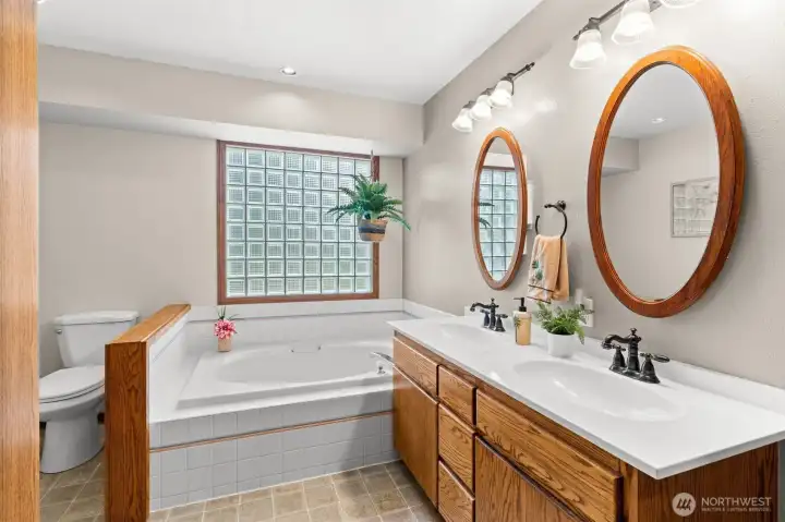 Large primary bathroom with soaking tub