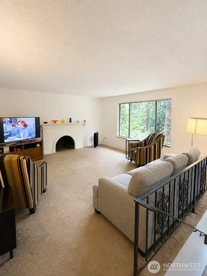 Large living area with wood burning fireplace. Large living area with wood burning fireplace.
