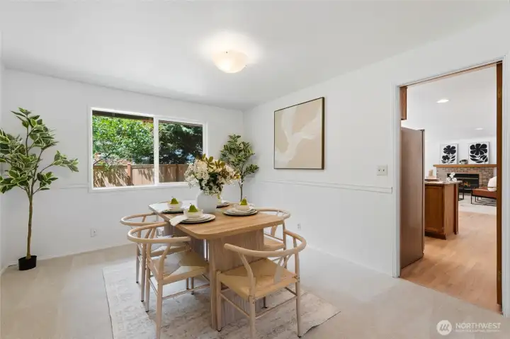 Flexible layout accommodates a variety of furniture arrangements.