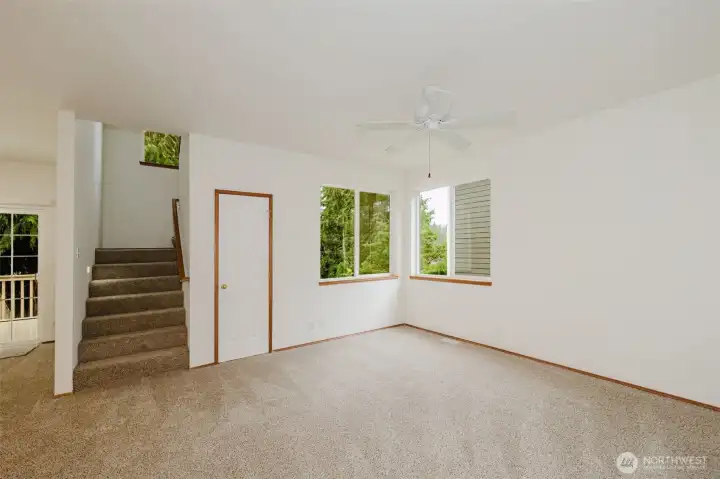 Stairs go up to the bedrooms, dining room is to the left. Stairs go up to the bedrooms, dining room is to the left.