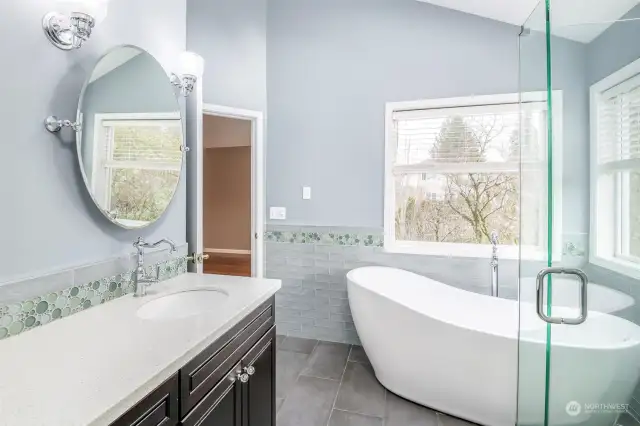 Primary bathroom with free standing bathtub