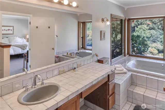 Primary en suite bathroom, with soaking tub, is extremely spacious. Watch the world go by as you soak away your worries.
