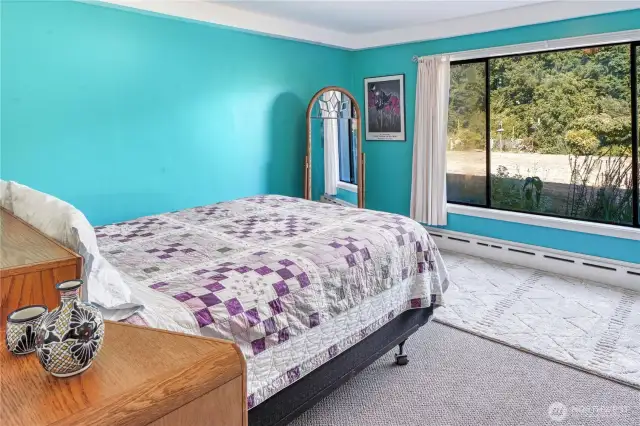 The second downstairs bedroom has a large closet, room for a desk or dresser, and views of the backyard.