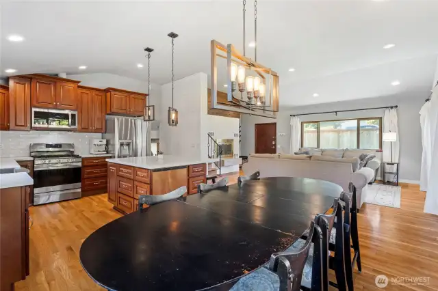 Take note of the creative light fixtures that add elegance to the setting of the main living space.