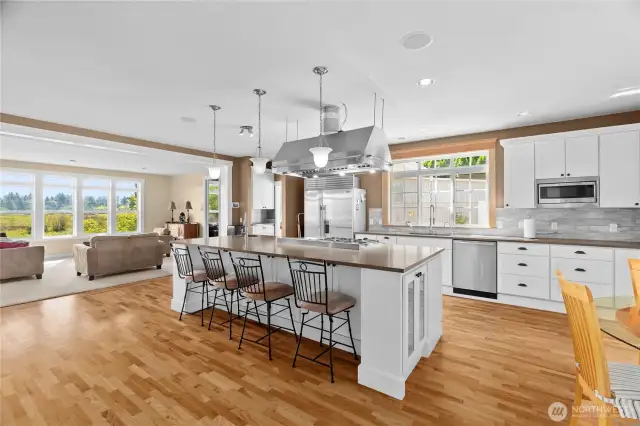 Wet bar, wine fridge, large island with prep sink.