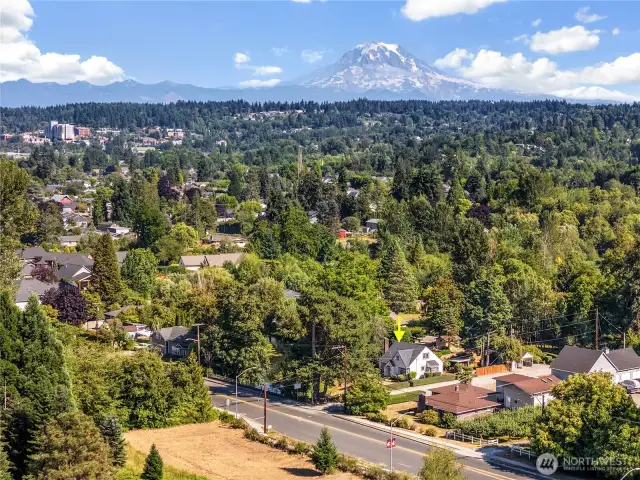 Aerial of home with Mt. Rainer in the distance
