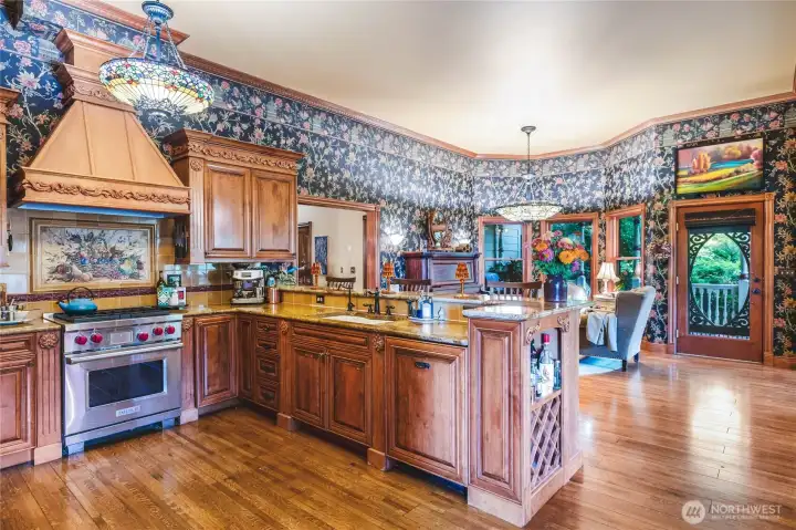 Gourmet kitchen with Wolf Range and Subzero refrigerator