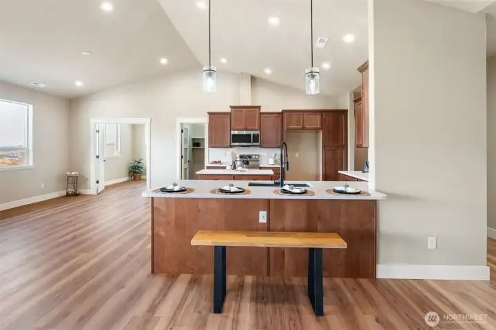 Peninsula Seating, door to left is Pantry, double doors to flex room