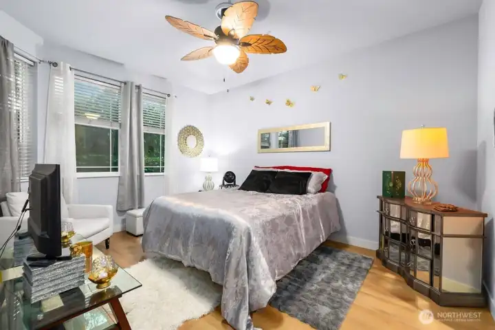 The generous floor plan easily accommodates a king-sized bed, additional seating areas, and a full media setup without feeling crowded.