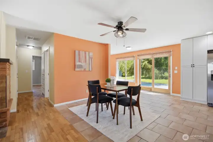 Dining area can accommodate a large farm style table or a modest more intimate table. Your choice.