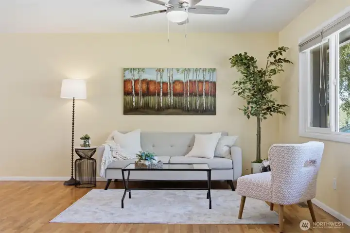 Living room is situated to allow lots of options in how you want to set up your furnishings.