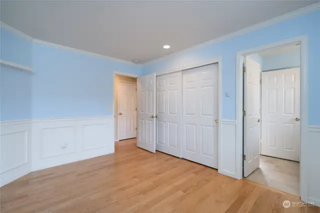 Bedroom #4 features hardwood floors, wainscoting and newer custom shutters. It also features a large closet. Bedroom #4 connects to a Jack and Jill bathroom (full bath).