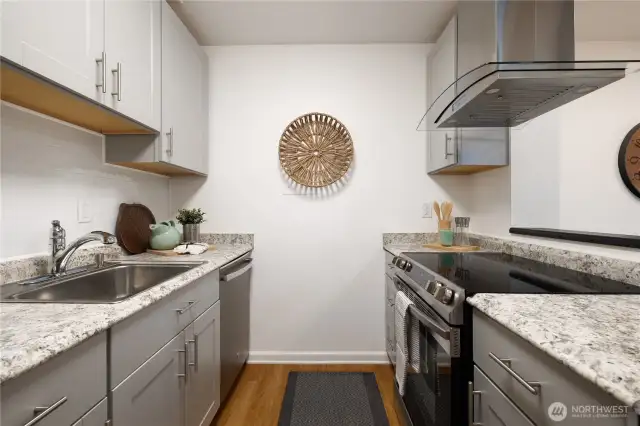 Kitchen with chimney-style stove vent
