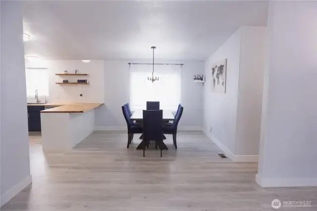 View from Living room to the dining and kitchen