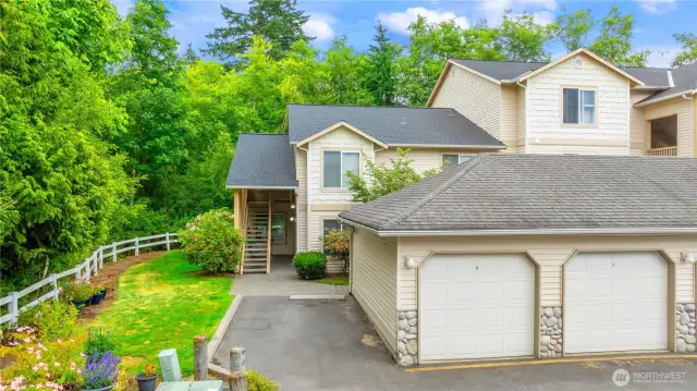 The garage is on the end directly in front of the unit.
