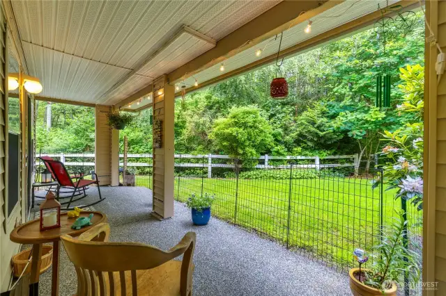 The back patio looking out at the greenbelt.