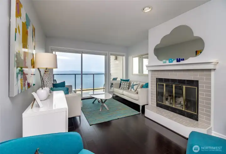 Living room with wood fireplace