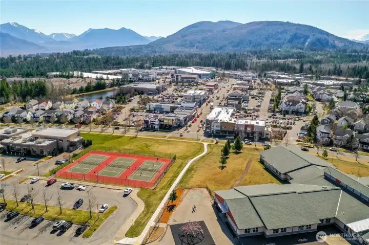 A view of the Ridge's "downtown", tennis courts, YMCA and school