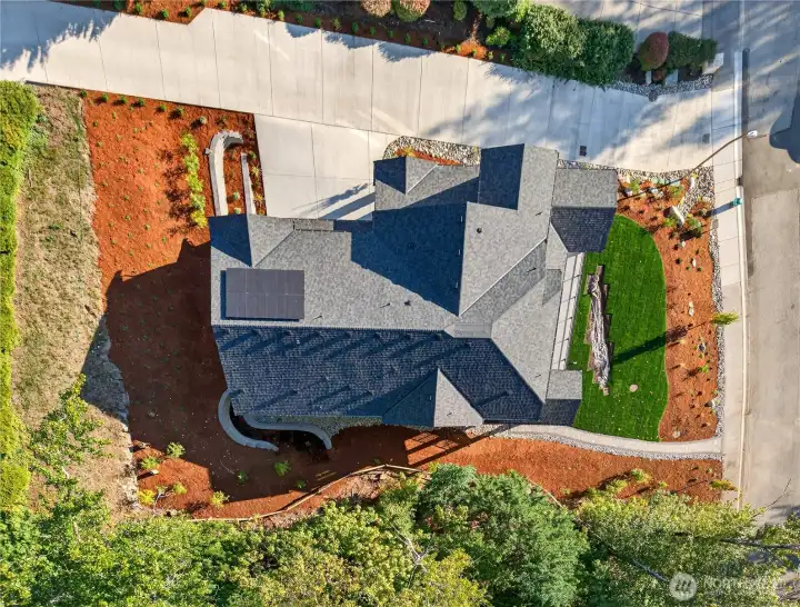 View of top of home. Enjoy Solar panels for a reduced energy bill.